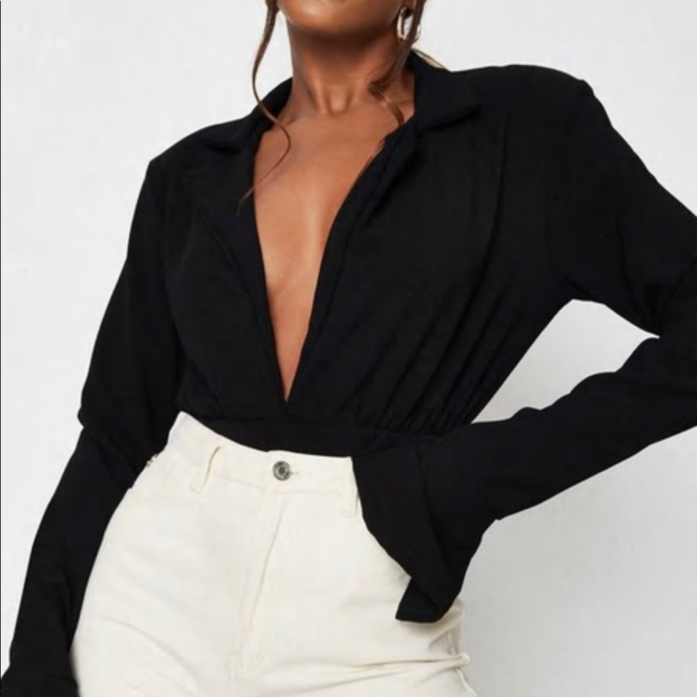 Deep plunge black collared bodysuit